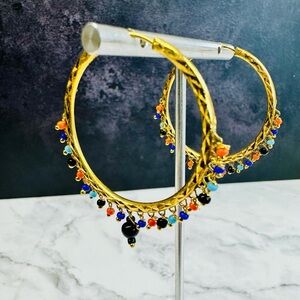 Gold Beaded Diamond Etched Hoop Earrings - SKU N